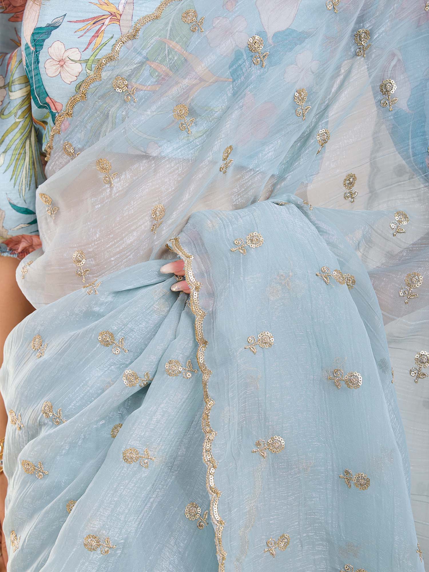 Light Blue zari and Sequin Embroidery Scalloped Tissue Silk Saree - Ressa