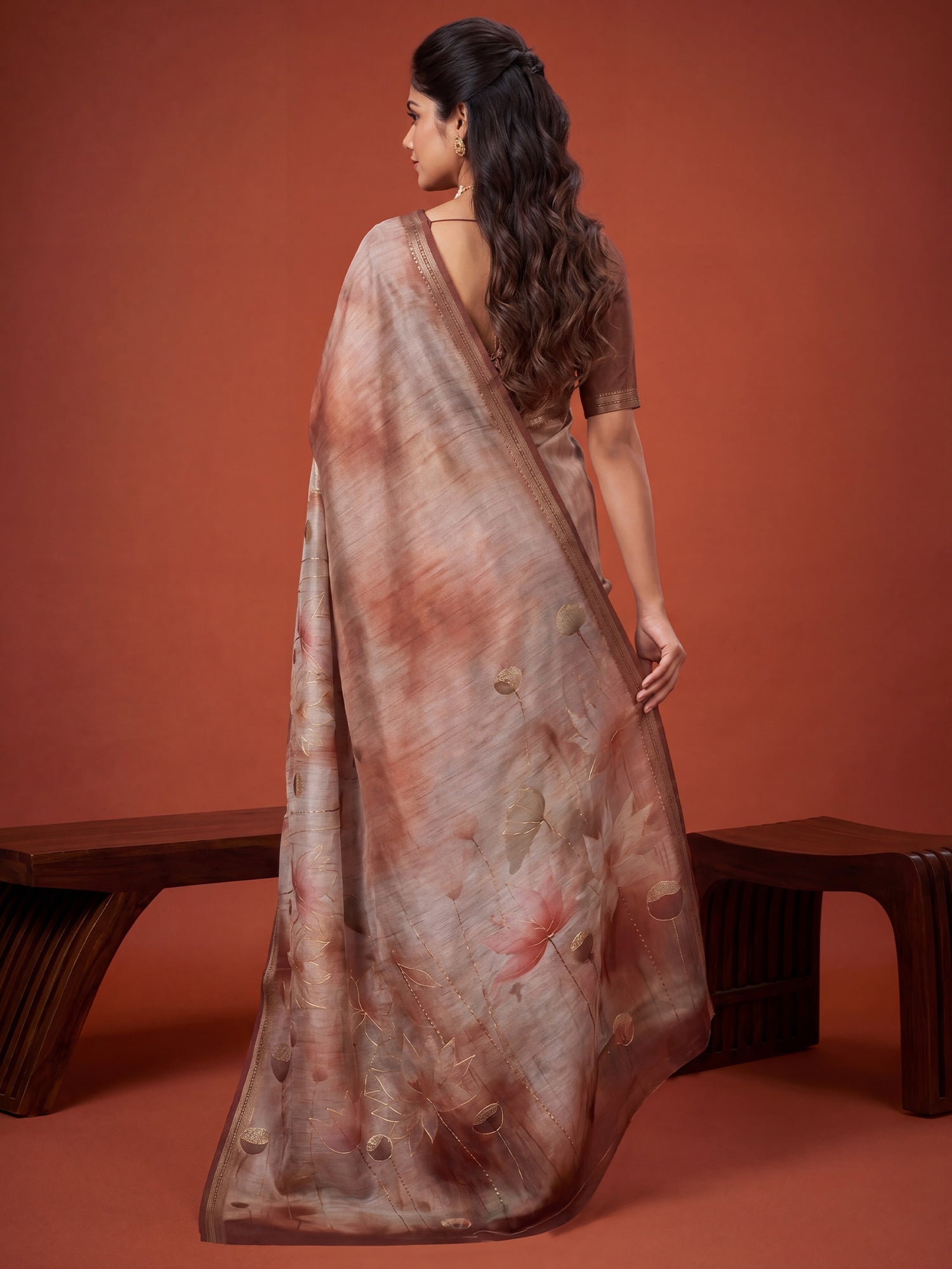 Light Brown Tussar Foil Print Saree - Ressa