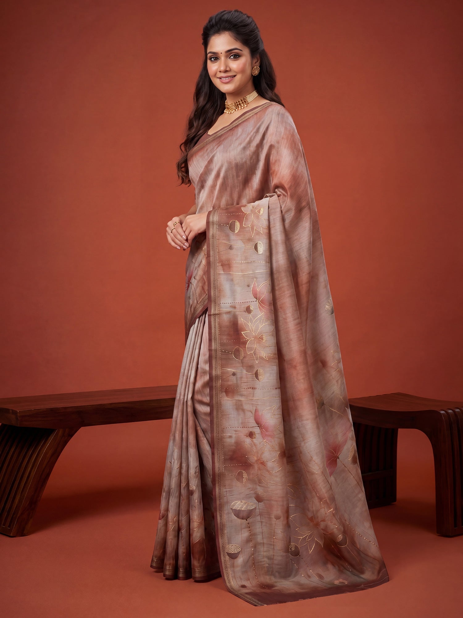 Light Brown Tussar Foil Print Saree - Ressa
