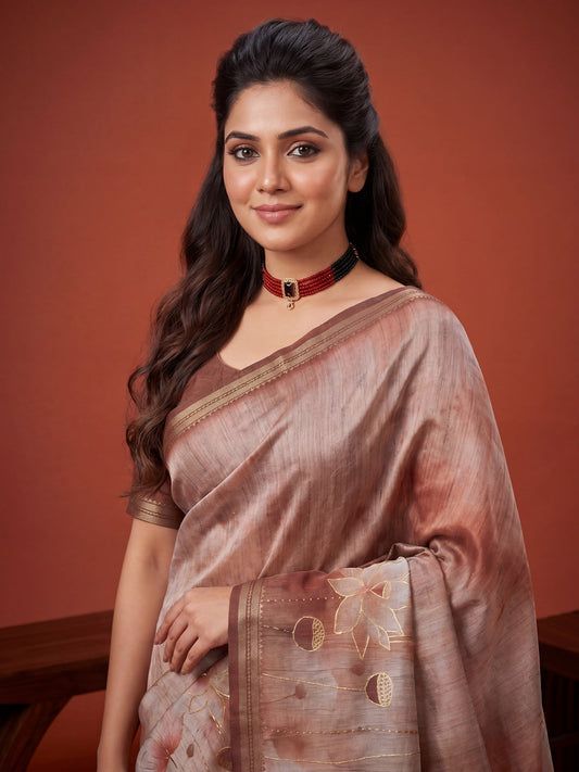 Light Brown Tussar Foil Print Saree - Ressa