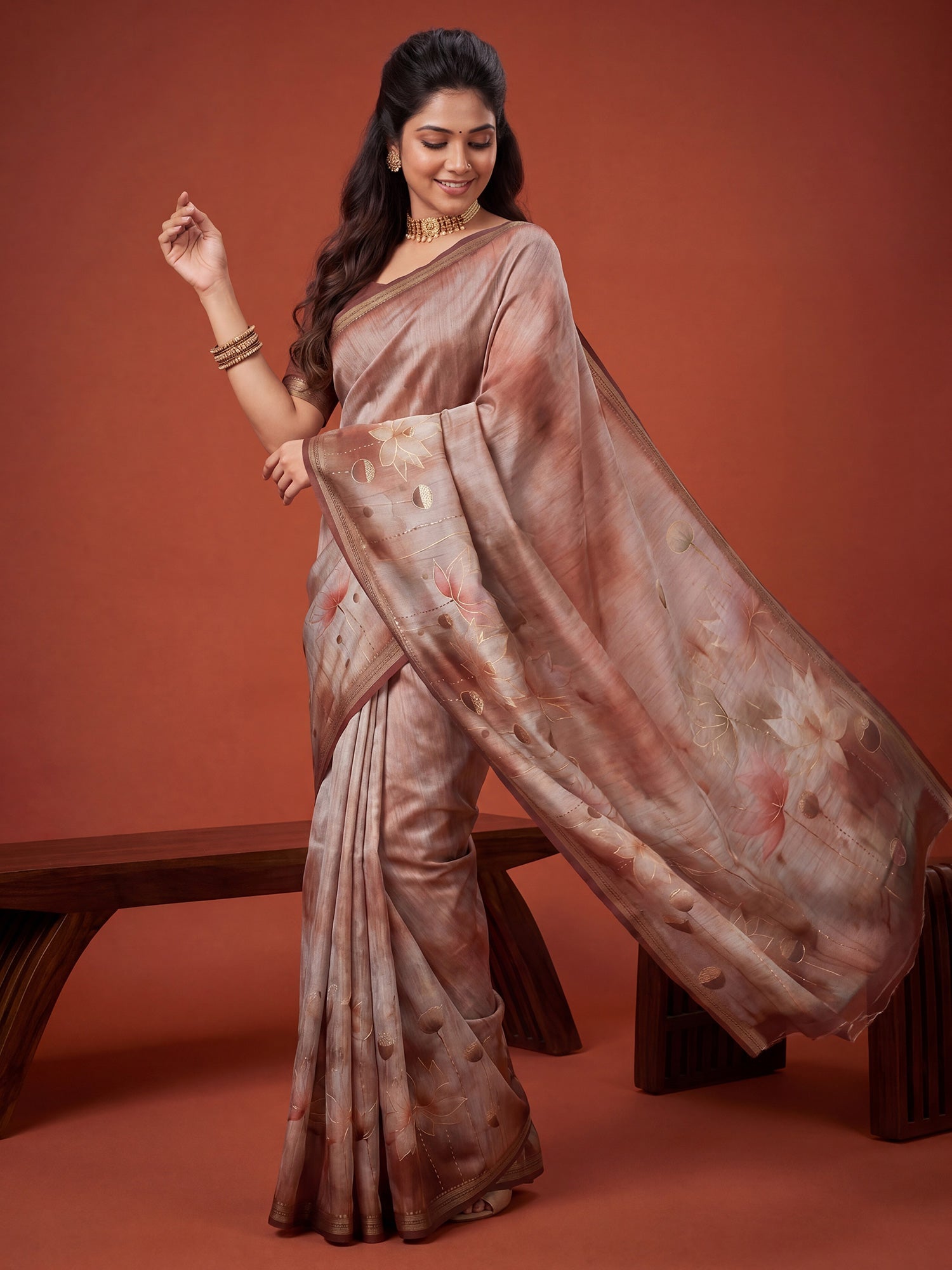 Light Brown Tussar Foil Print Saree - Ressa