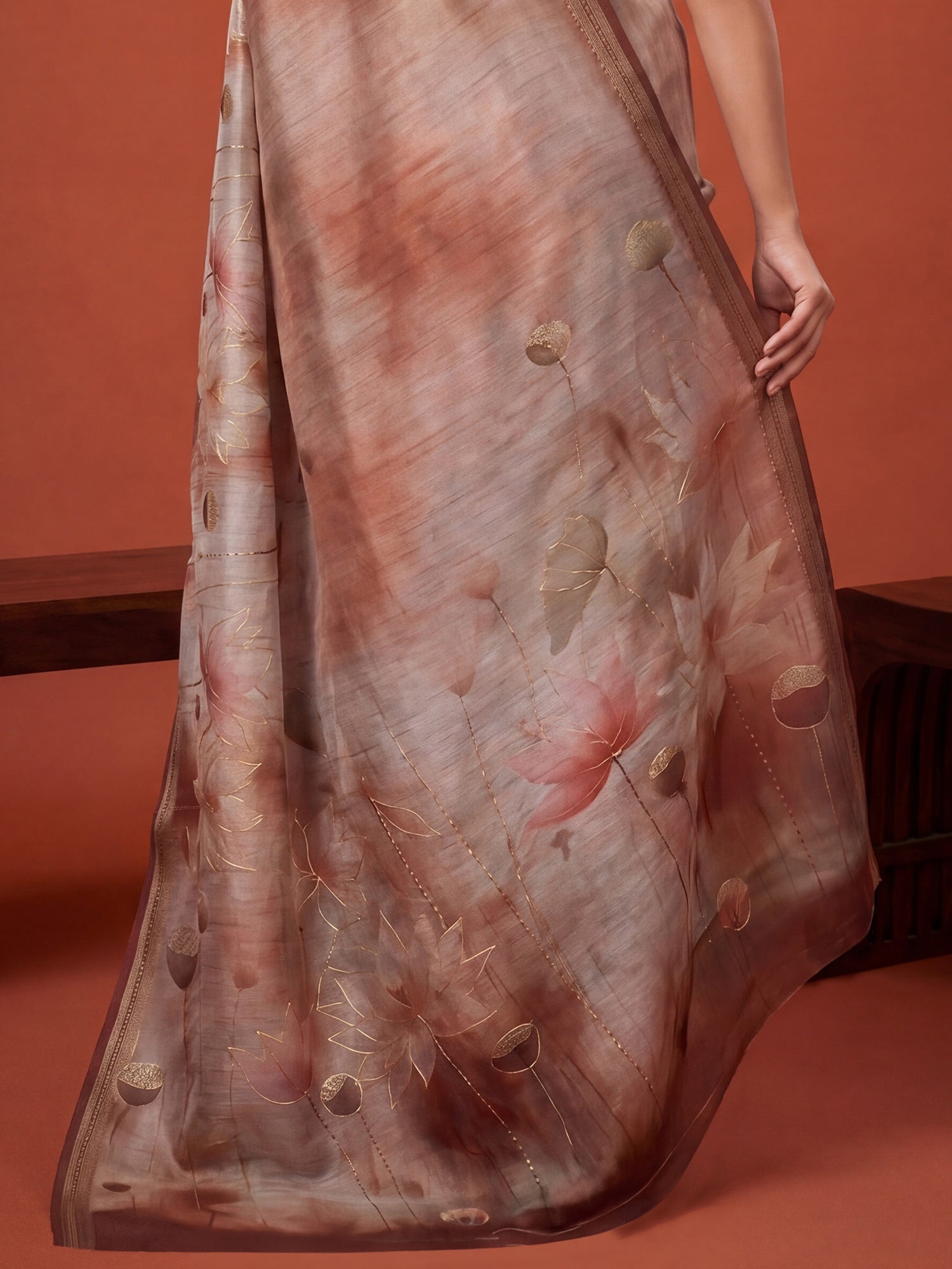 Light Brown Tussar Foil Print Saree - Ressa