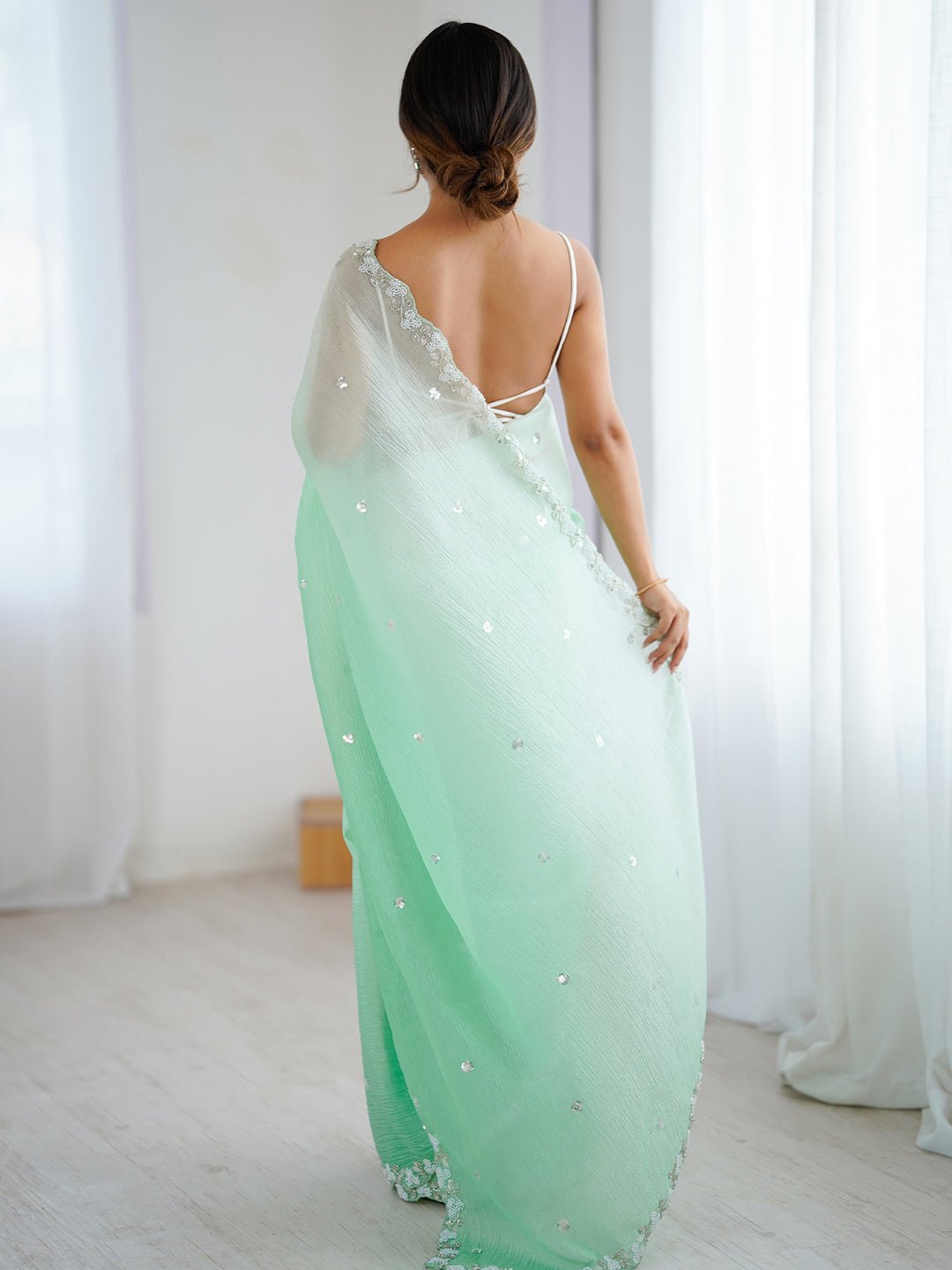 Light Green Chiffon Scalloped Embroidered Border Sequin Buttis Blouse Saree - Ressa