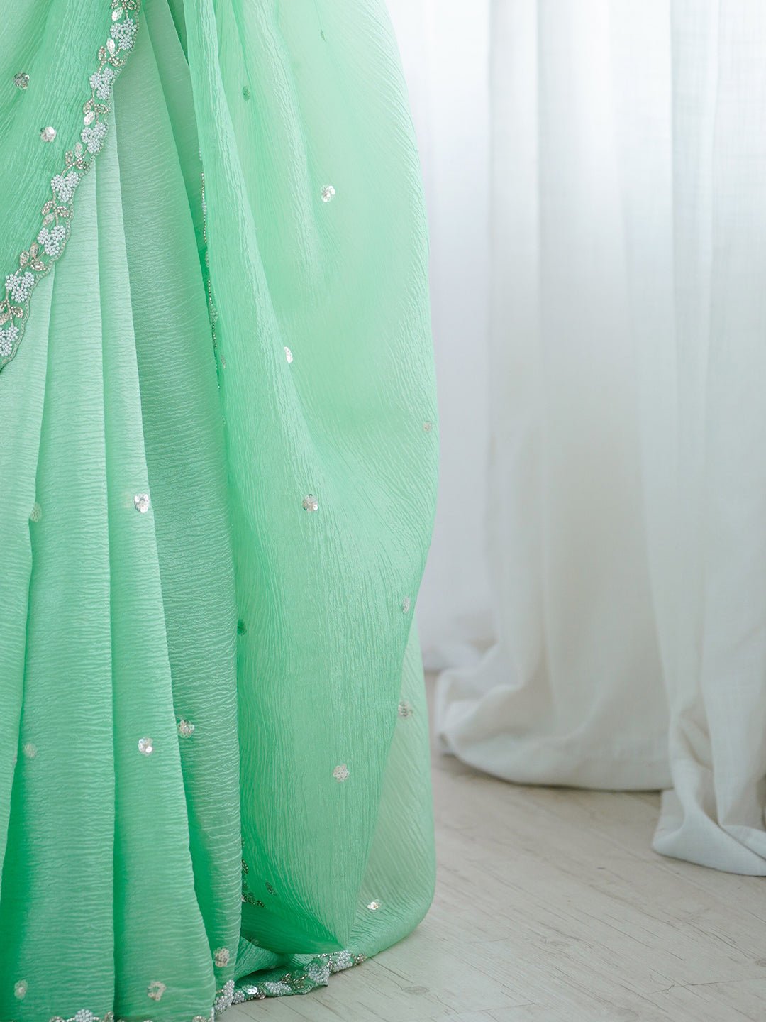 Light Green Chiffon Scalloped Embroidered Border Sequin Buttis Blouse Saree - Ressa