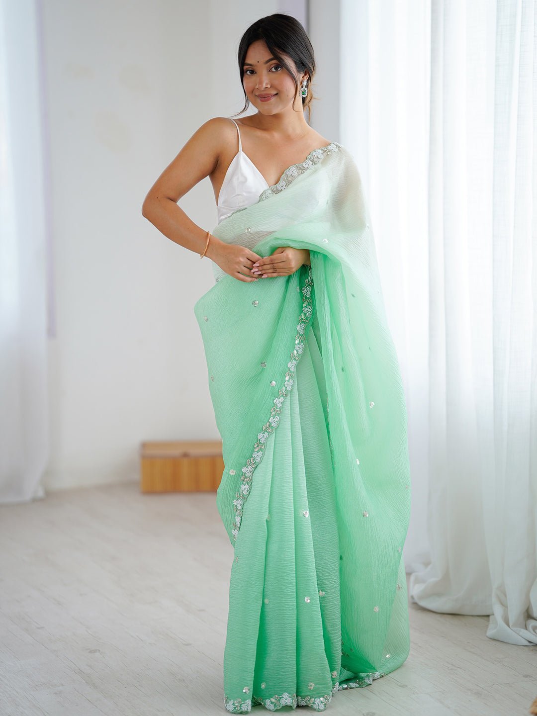 Light Green Chiffon Scalloped Embroidered Border Sequin Buttis Blouse Saree - Ressa