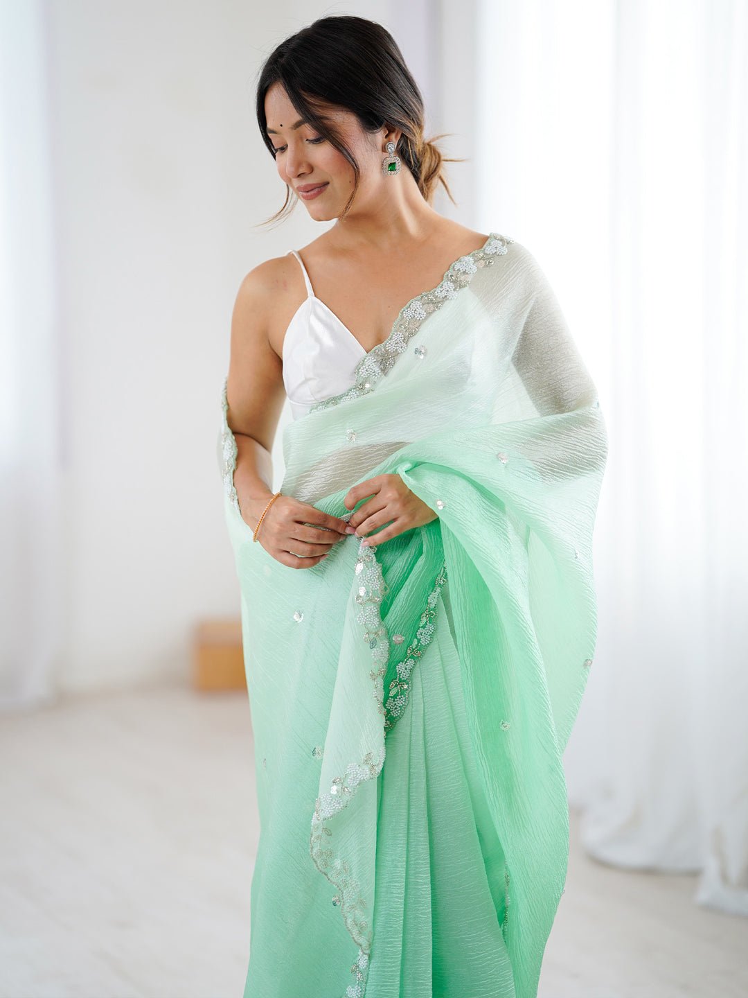Light Green Chiffon Scalloped Embroidered Border Sequin Buttis Blouse Saree - Ressa