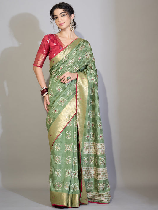 Light Green Cotton Saree with Zari Stripes - Ressa