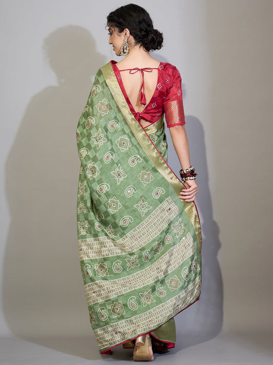 Light Green Cotton Saree with Zari Stripes - Ressa