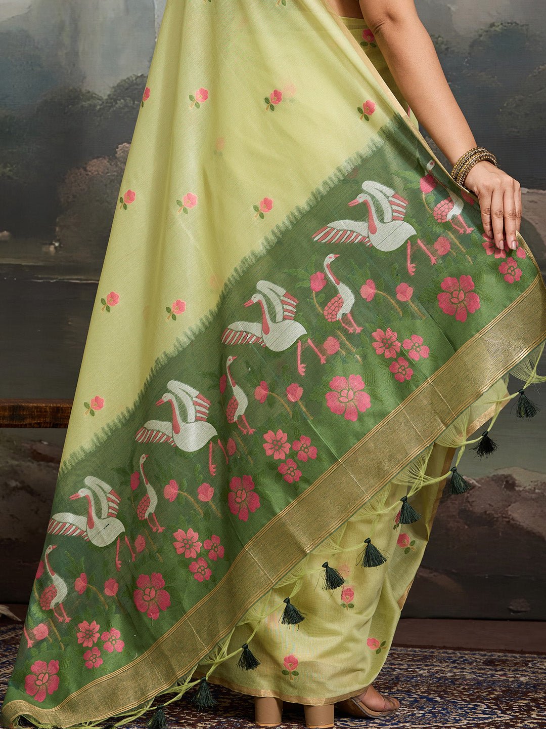Light Green Cotton Woven Printed Saree - Ressa
