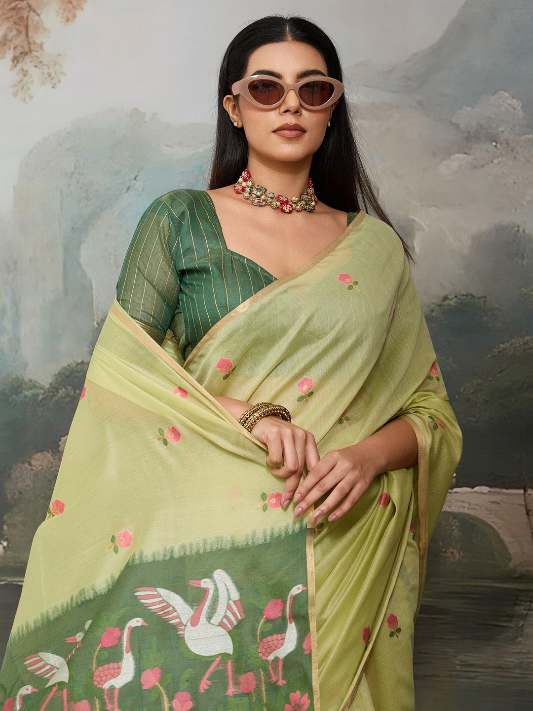 Light Green Cotton Woven Printed Saree - Ressa