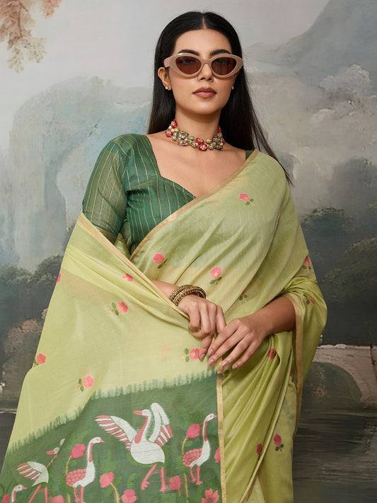 Light Green Cotton Woven Printed Saree - Ressa