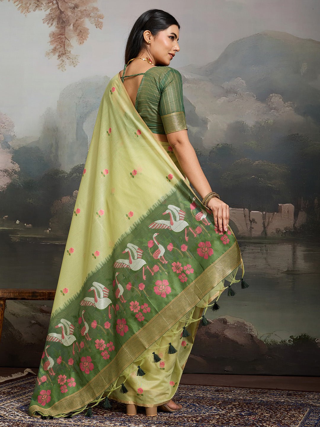 Light Green Cotton Woven Printed Saree - Ressa