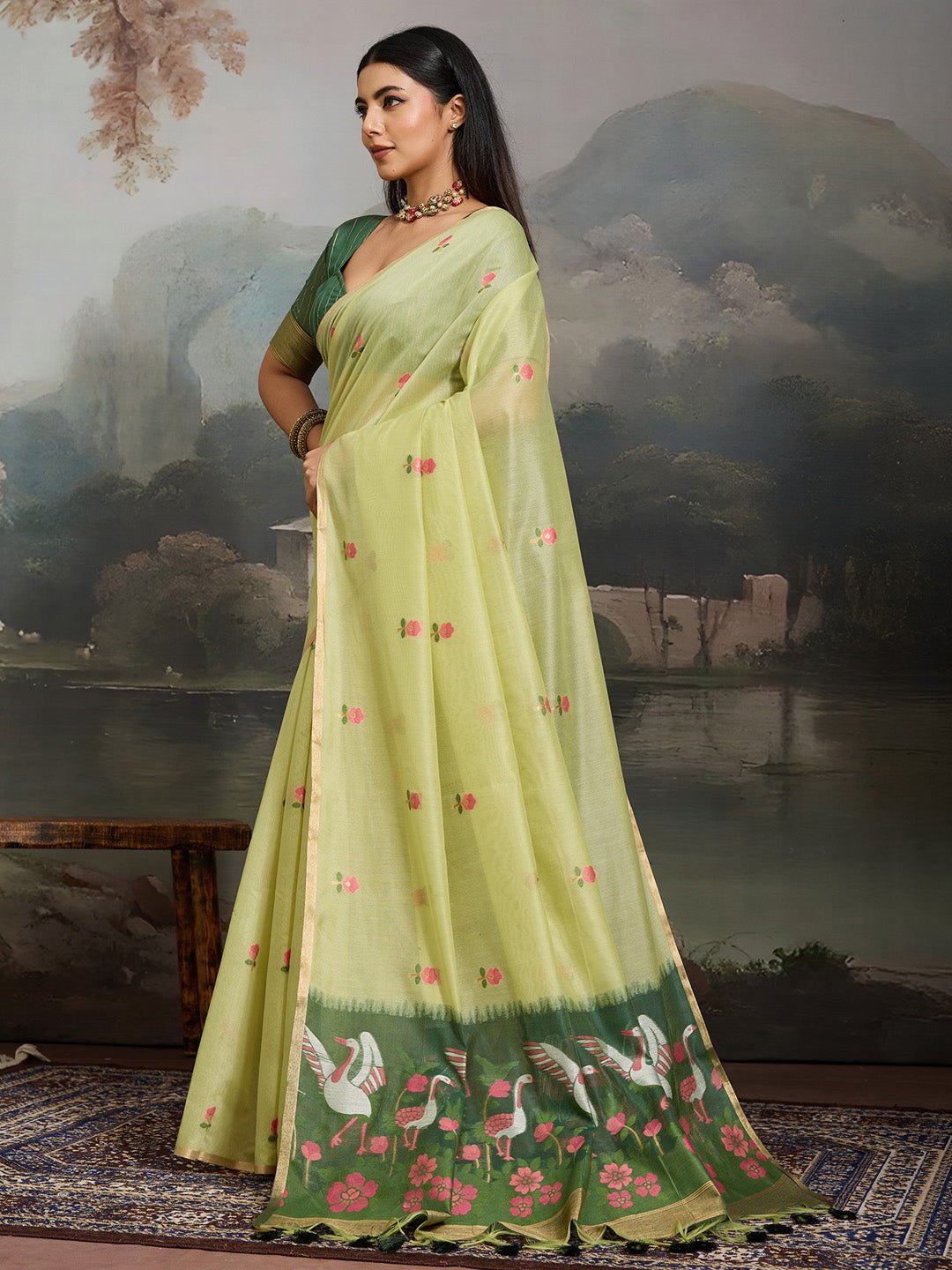 Light Green Cotton Woven Printed Saree - Ressa