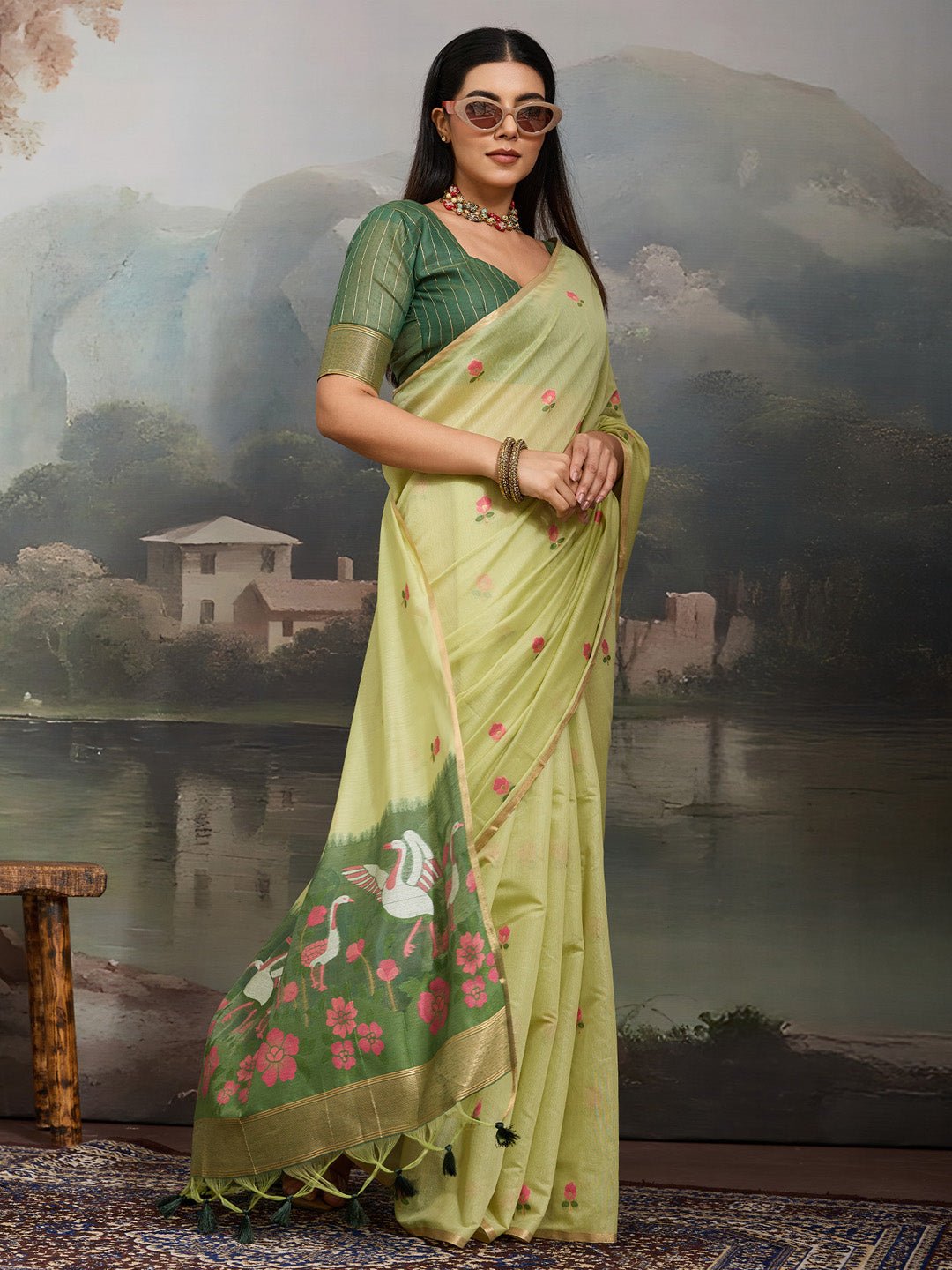 Light Green Cotton Woven Printed Saree - Ressa