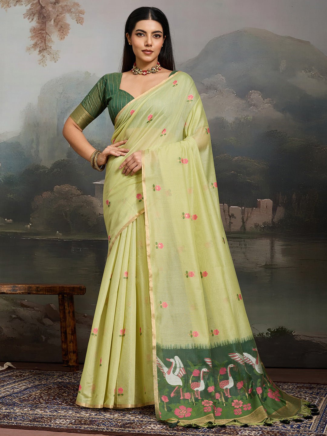 Light Green Cotton Woven Printed Saree - Ressa