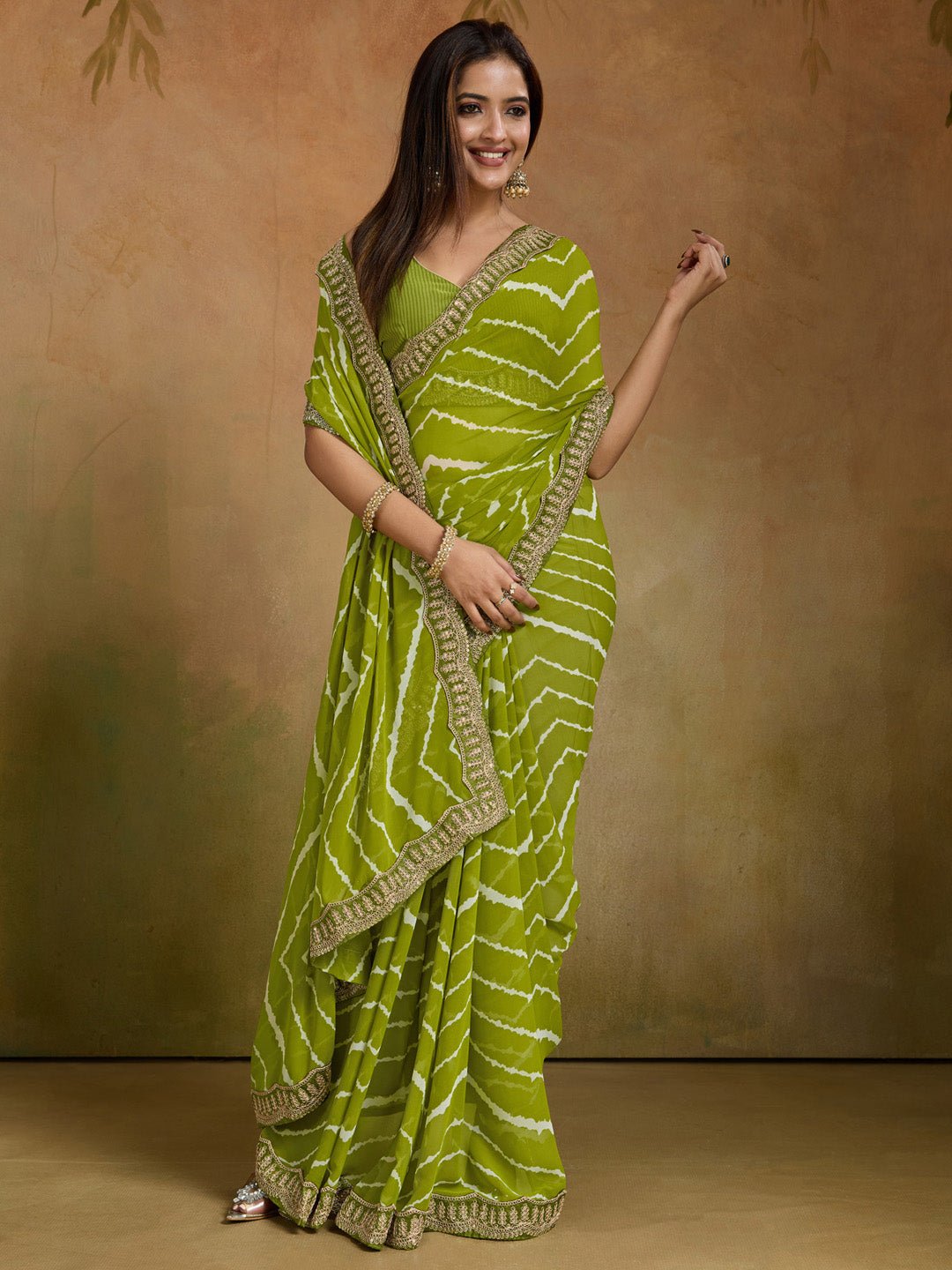 Light Green Georgette Striped Printed Saree - Ressa