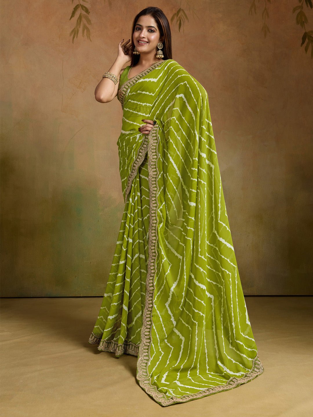 Light Green Georgette Striped Printed Saree - Ressa