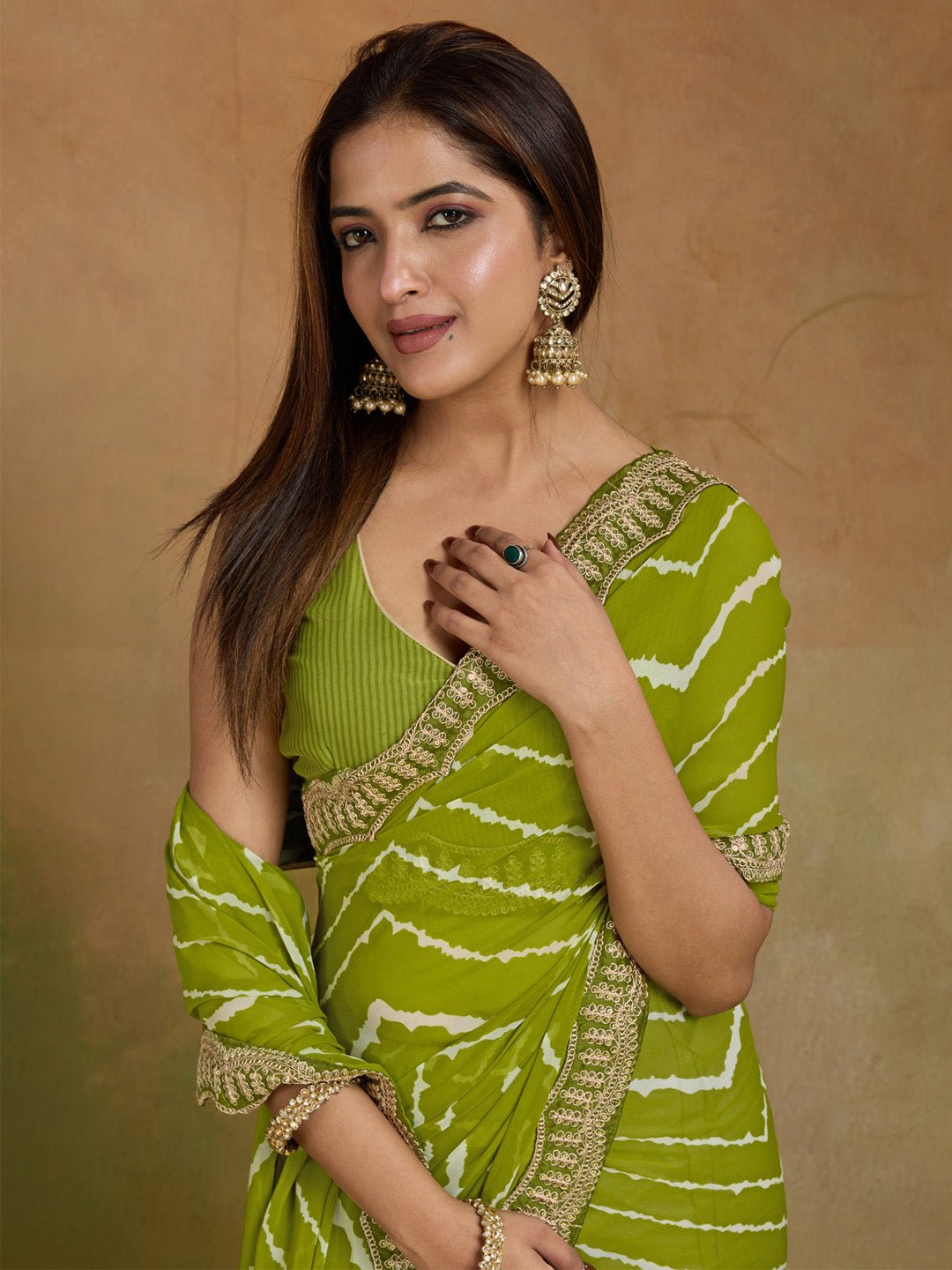 Light Green Georgette Striped Printed Saree - Ressa
