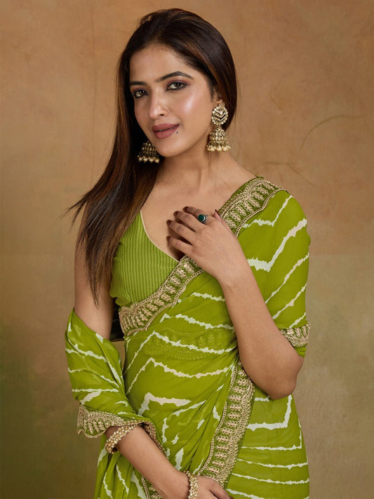 Light Green Georgette Striped Printed Saree - Ressa