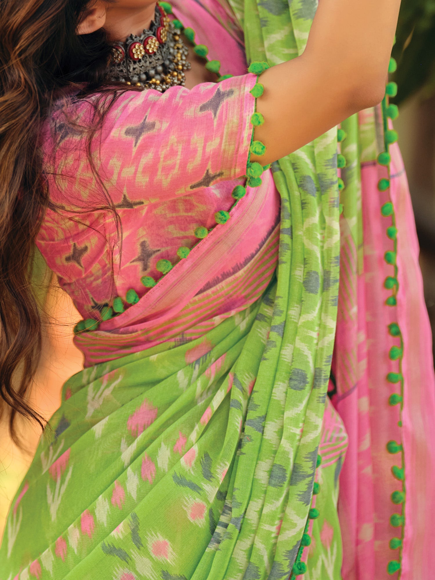 Light Green Ikkat Printed Saree - Ressa