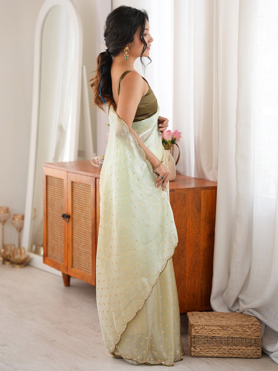 Light Green Satin Emblished Party Wear Saree - Ressa