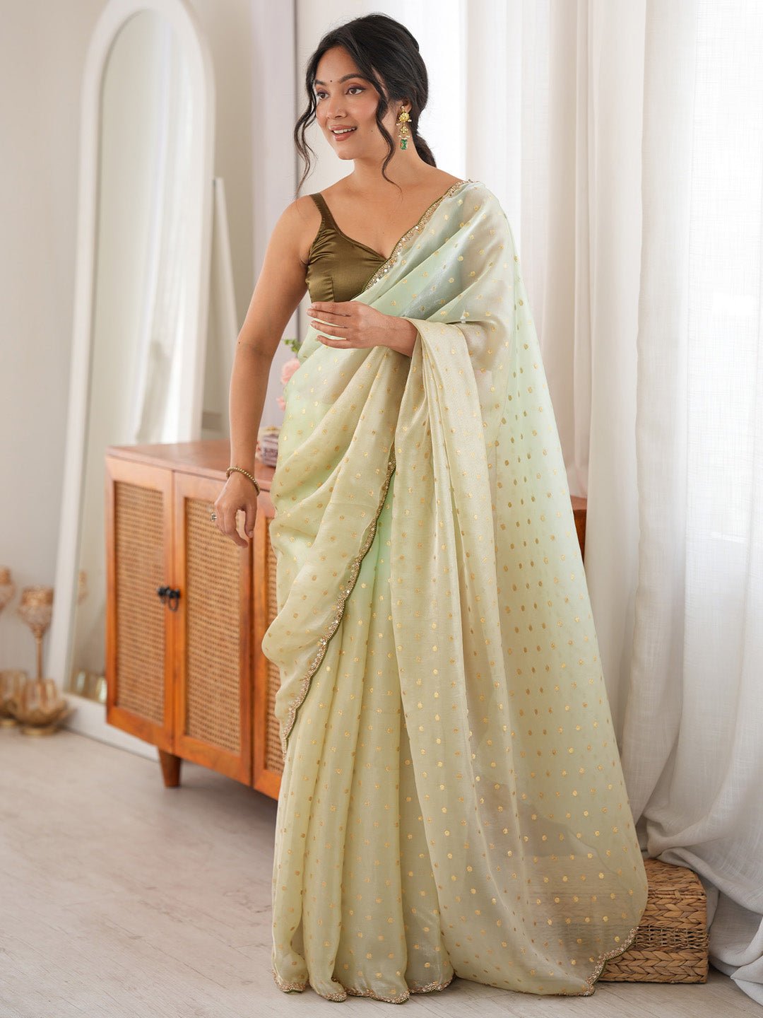 Light Green Satin Emblished Party Wear Saree - Ressa