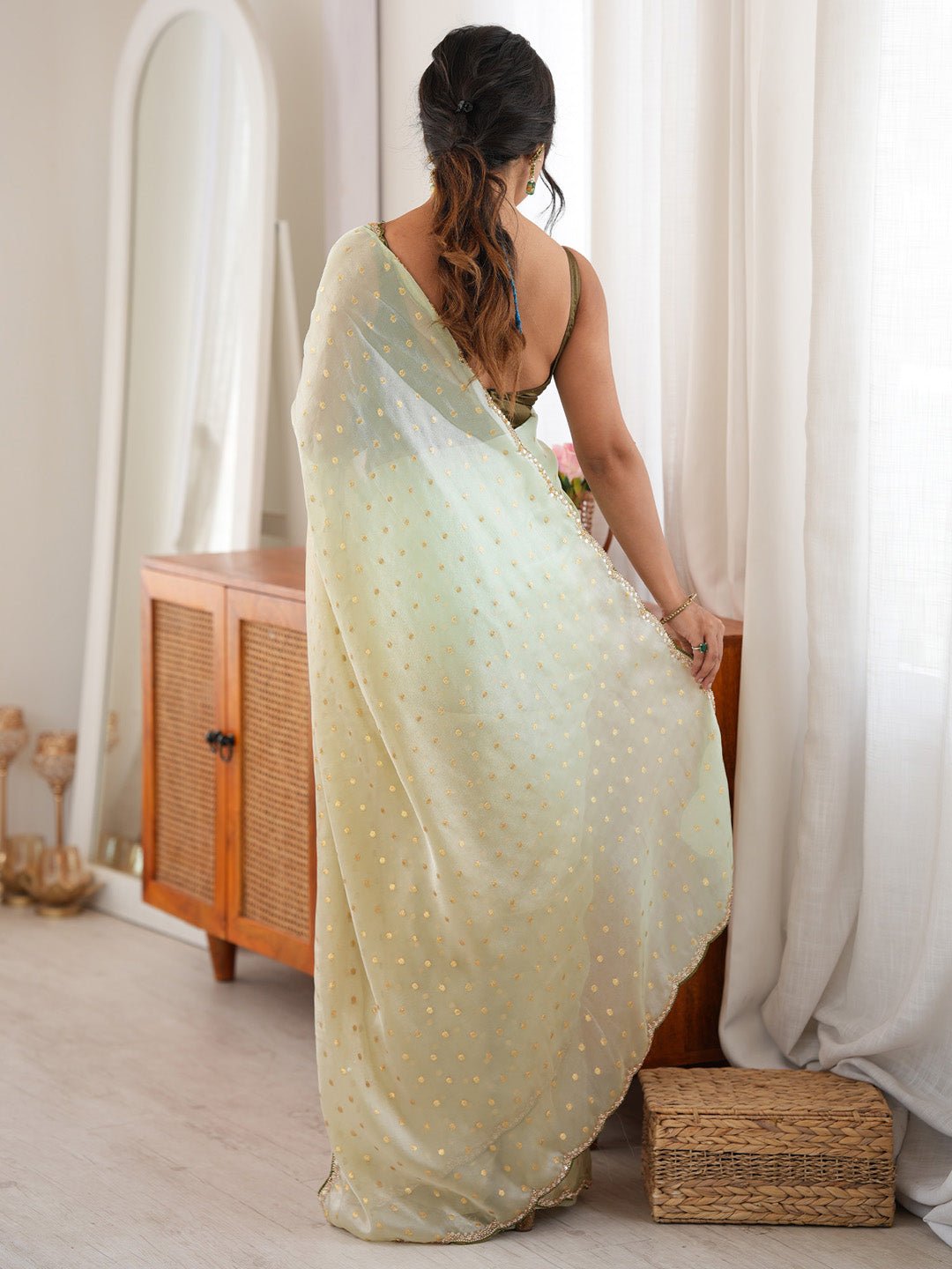 Light Green Satin Emblished Party Wear Saree - Ressa