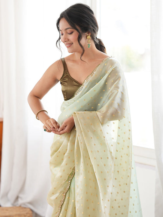 Light Green Satin Emblished Party Wear Saree - Ressa