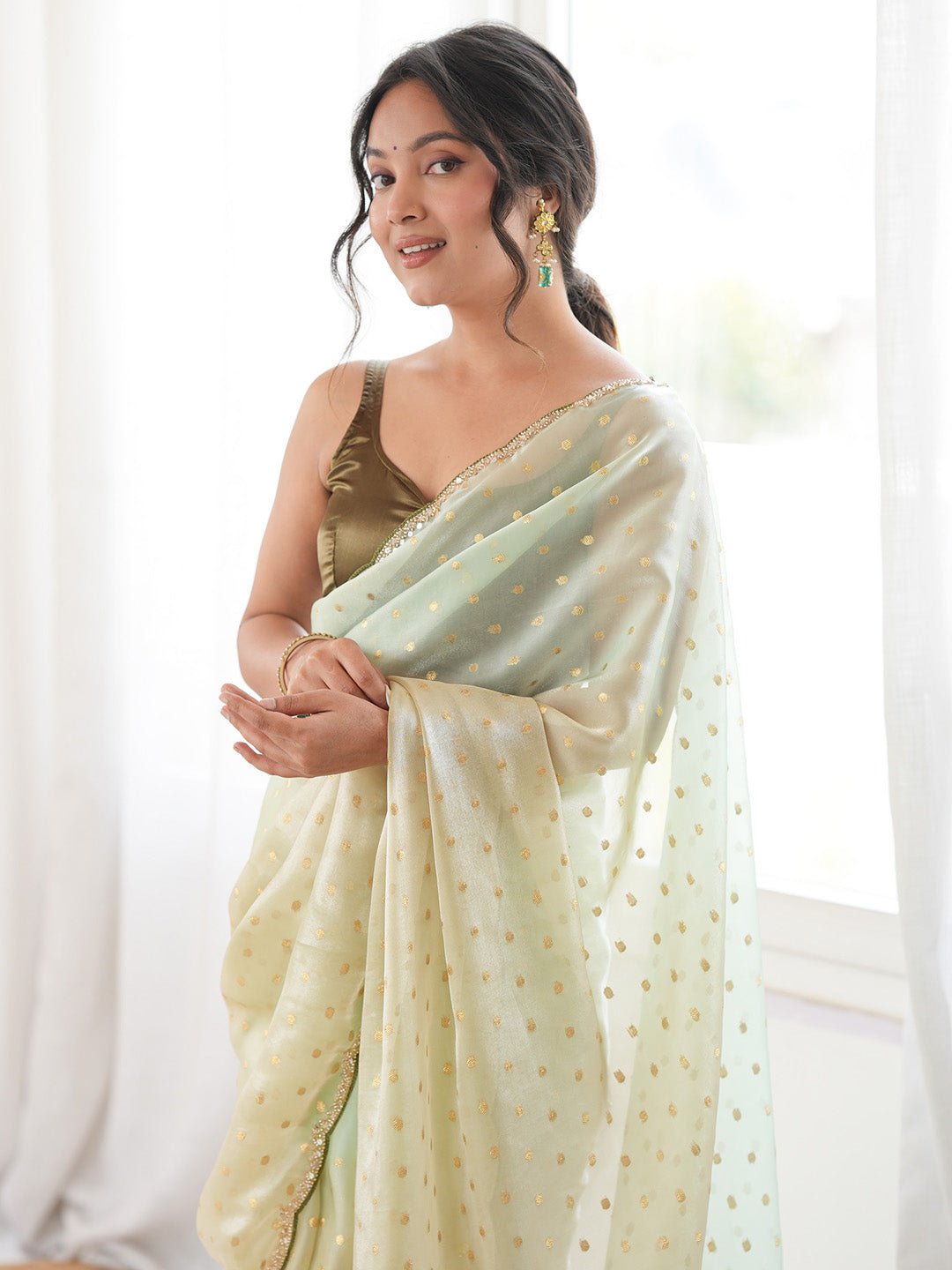 Light Green Satin Emblished Party Wear Saree - Ressa