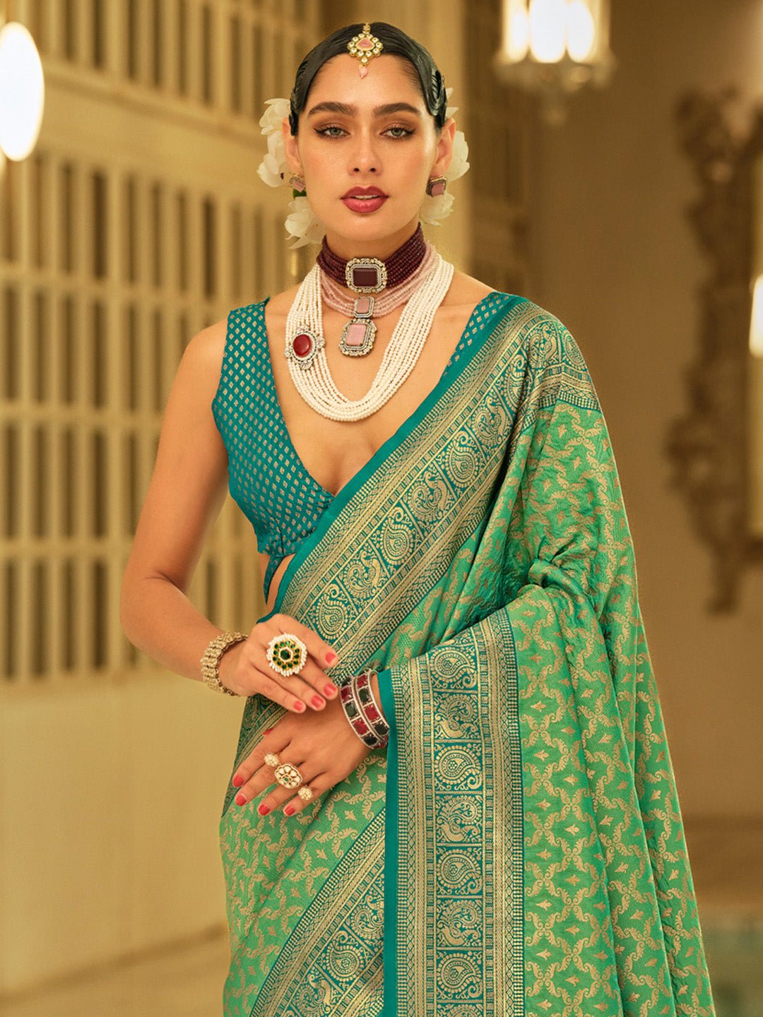 Light Green Silk Banarasi Saree - Ressa