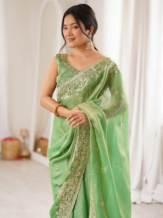 Light Green Tissue Silk Saree with Embroidered Border - Ressa