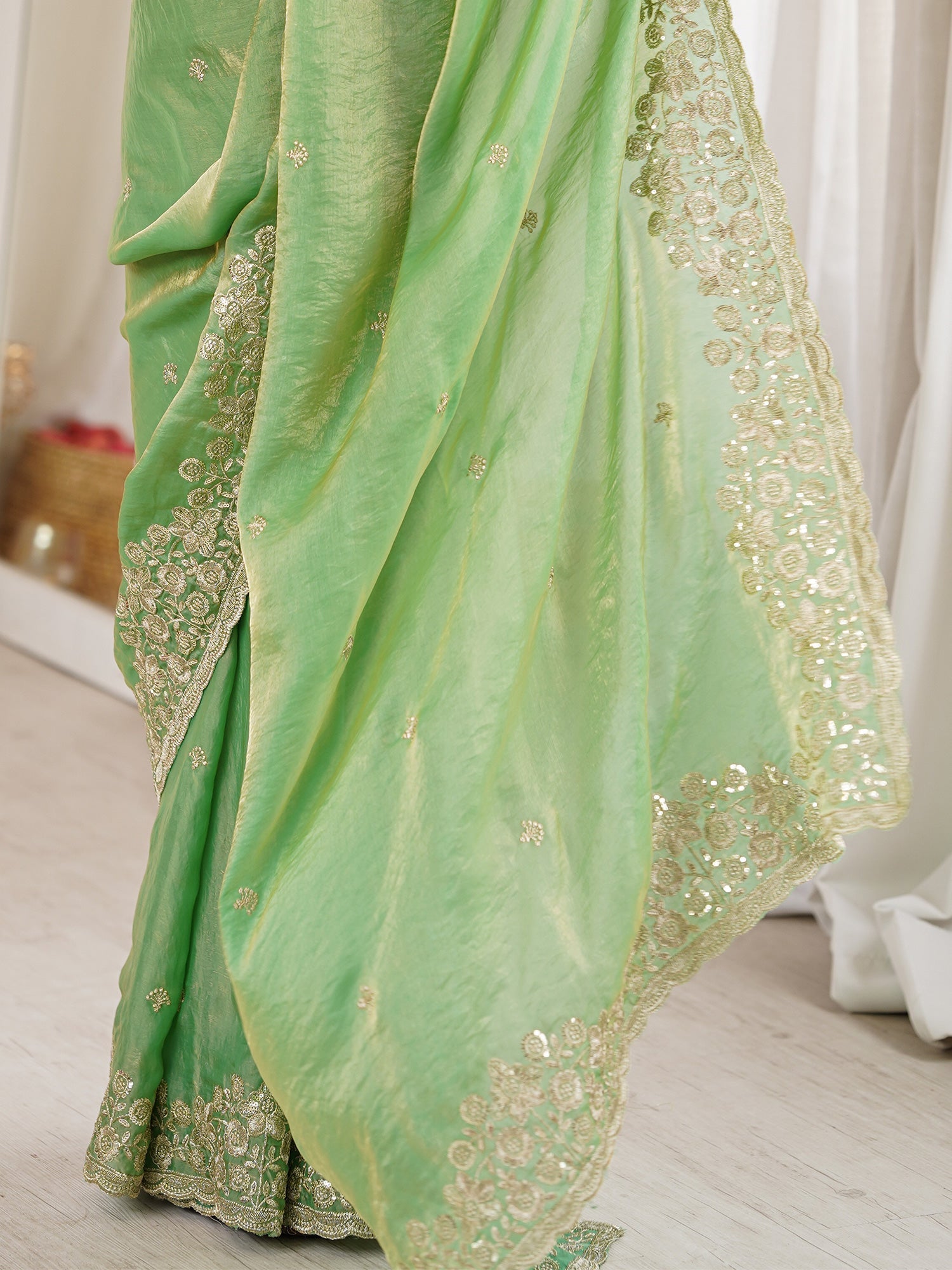 Light Green Tissue Silk Saree with Embroidered Border - Ressa