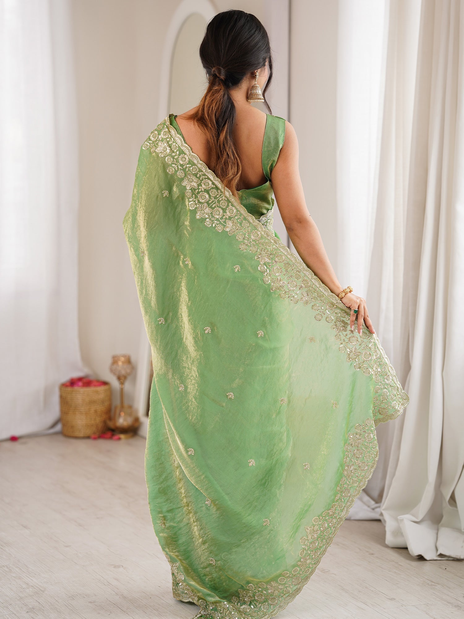 Light Green Tissue Silk Saree with Embroidered Border - Ressa