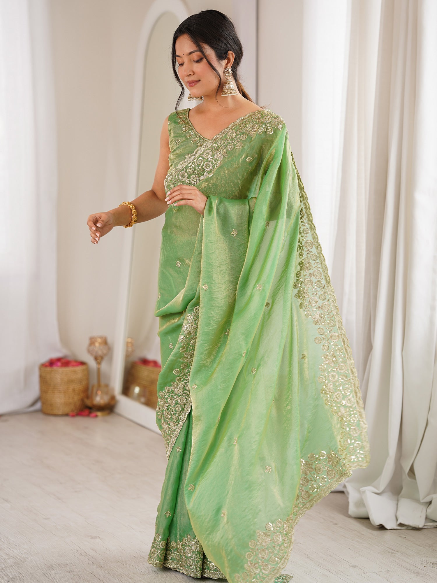 Light Green Tissue Silk Saree with Embroidered Border - Ressa