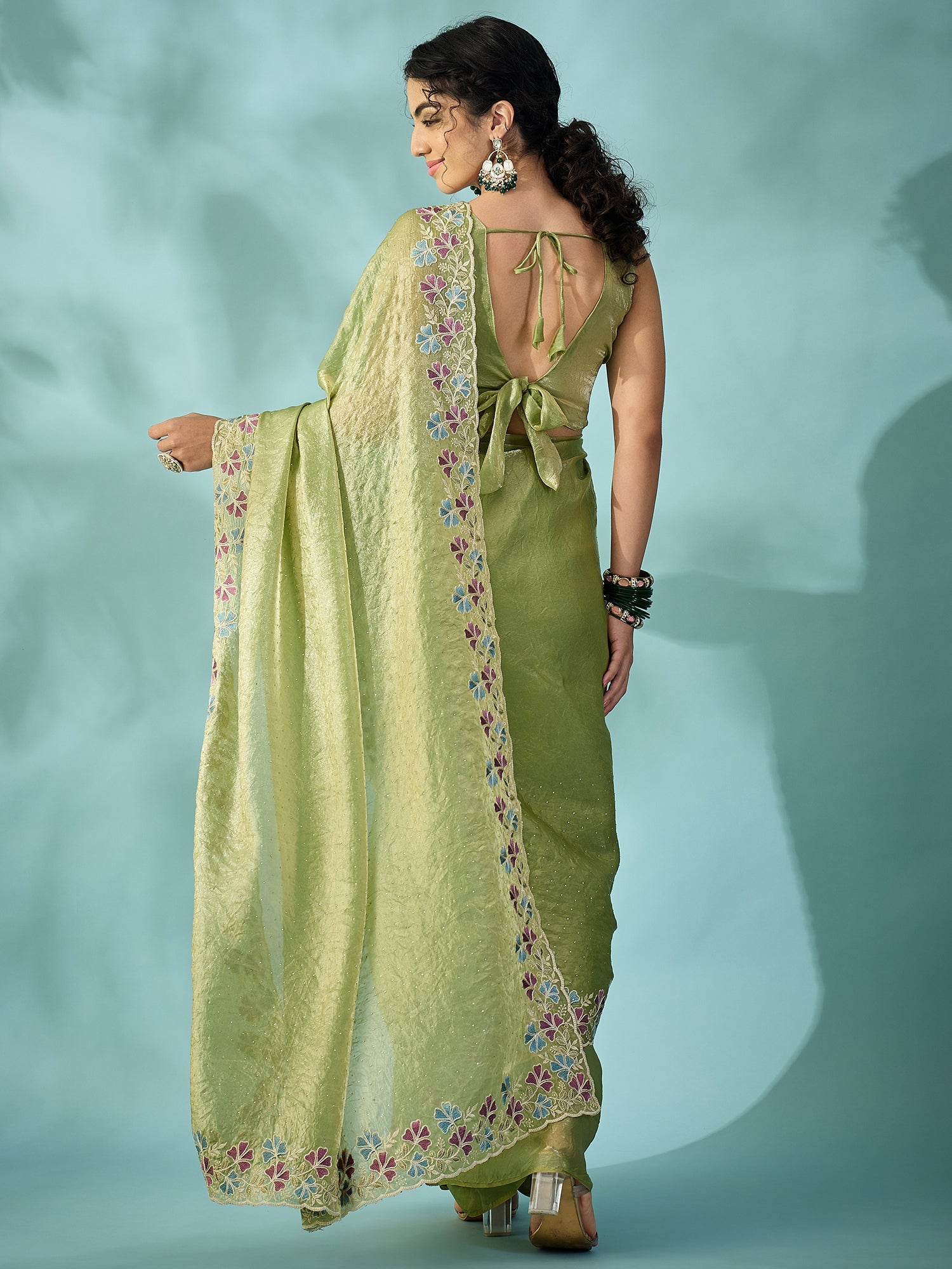 Light Green Tissue Silk Saree with Zari Stripes - Ressa