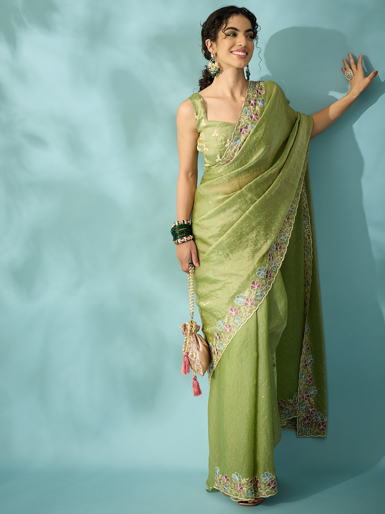 Light Green Tissue Silk Saree with Zari Stripes - Ressa