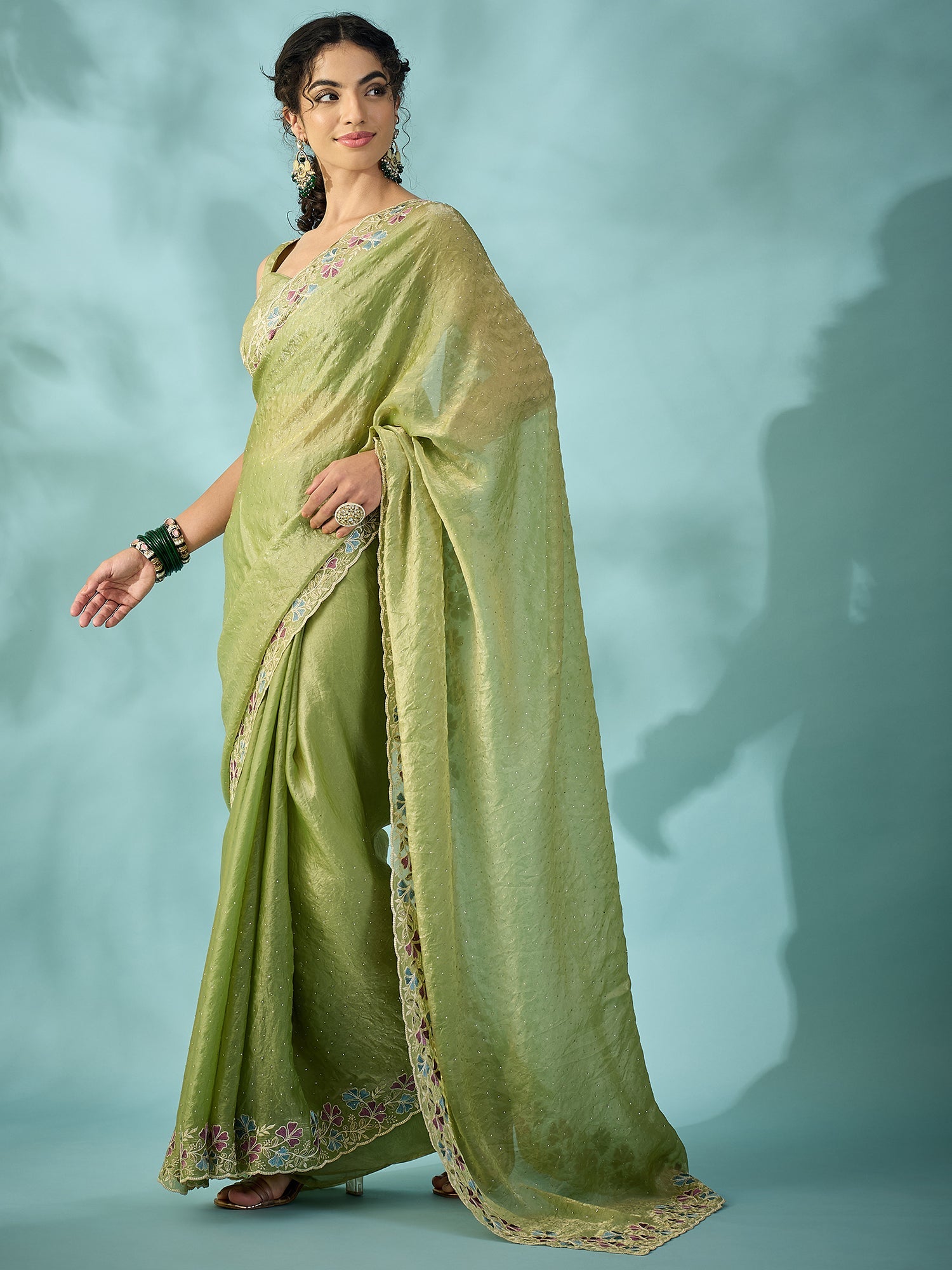 Light Green Tissue Silk Saree with Zari Stripes - Ressa