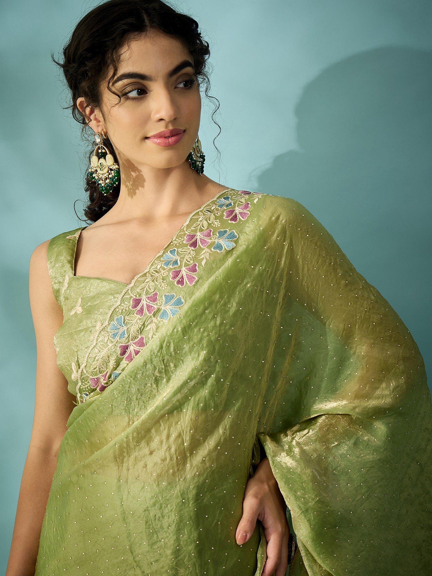 Light Green Tissue Silk Saree with Zari Stripes - Ressa