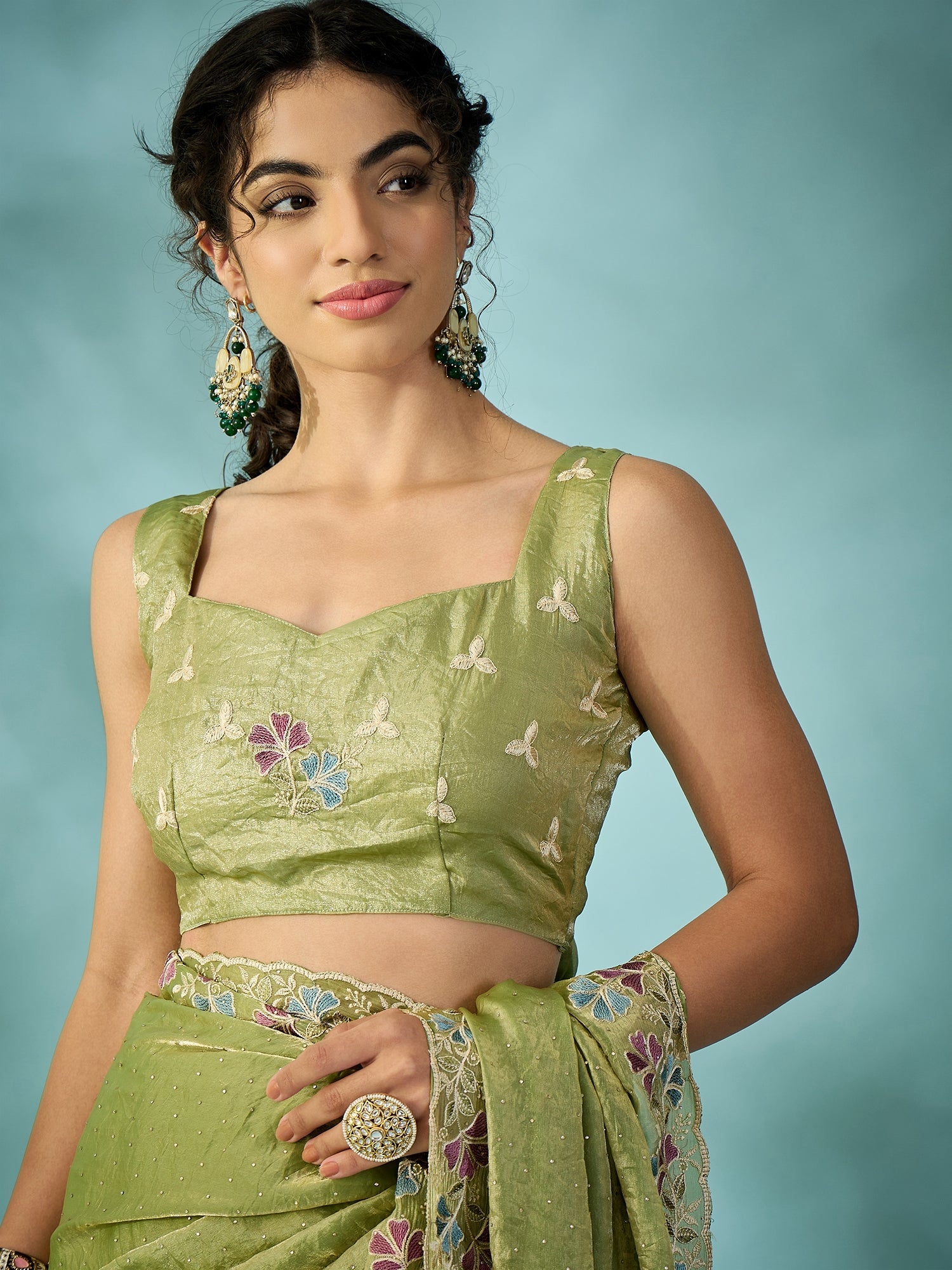 Light Green Tissue Silk Saree with Zari Stripes - Ressa