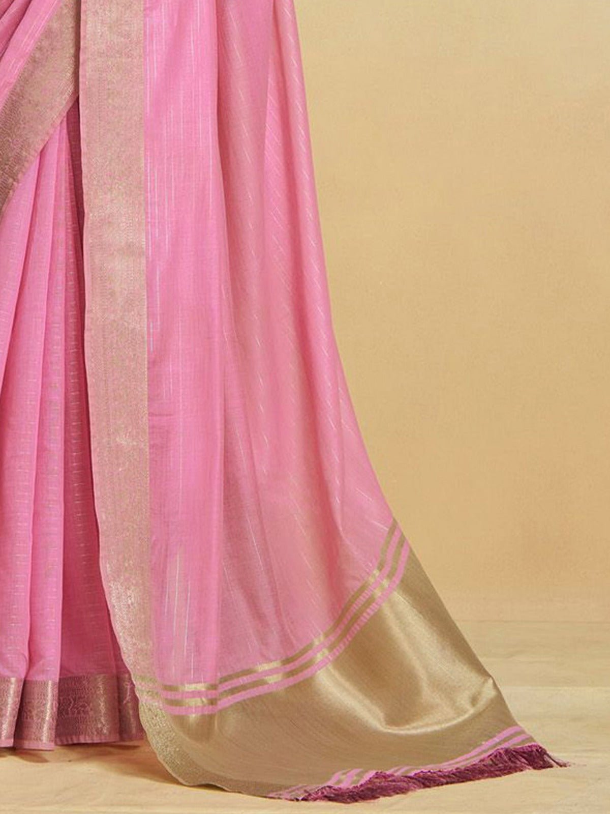 Light Pink Cotton Saree with Zari Border - Ressa