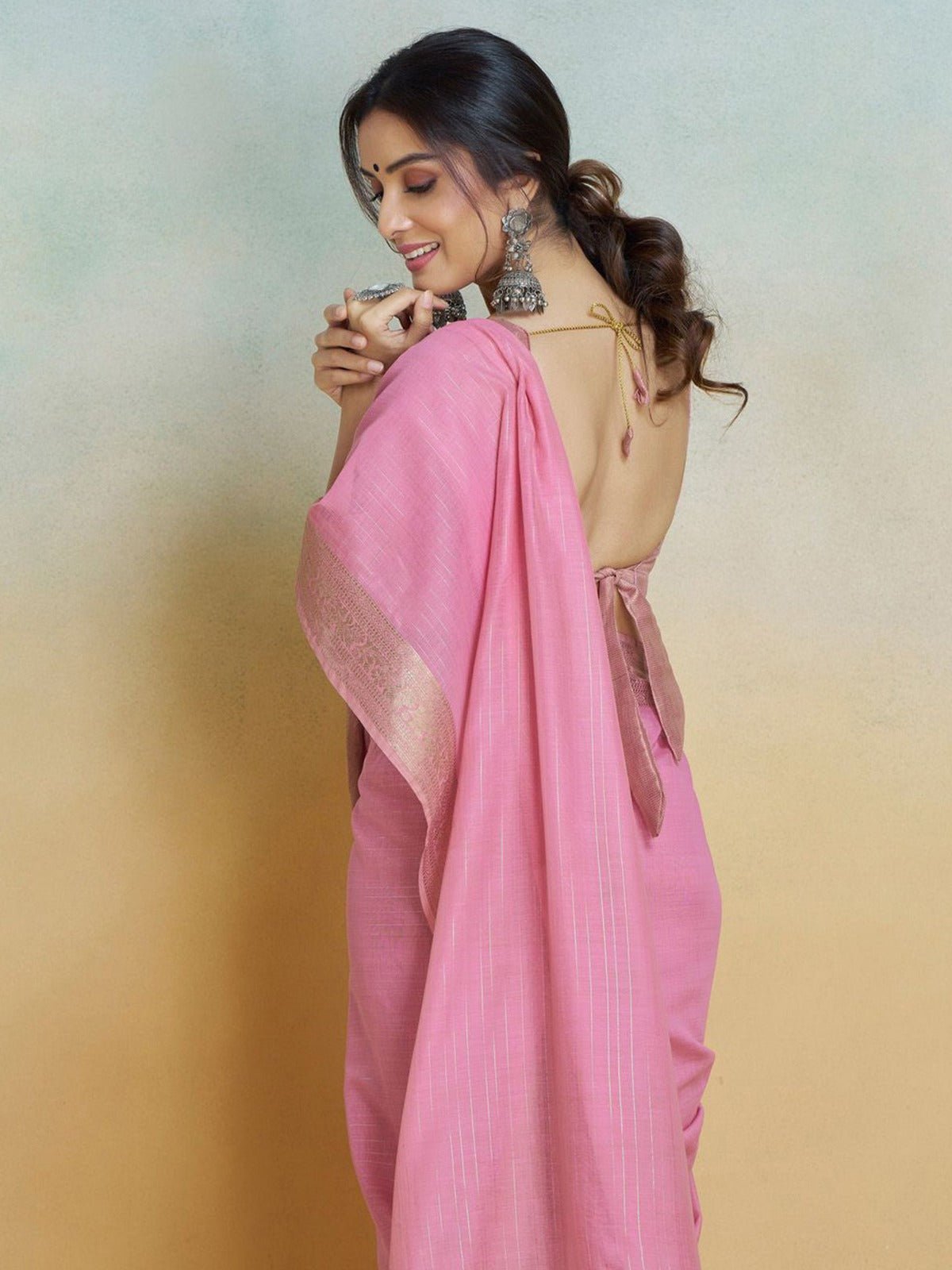 Light Pink Cotton Saree with Zari Border - Ressa