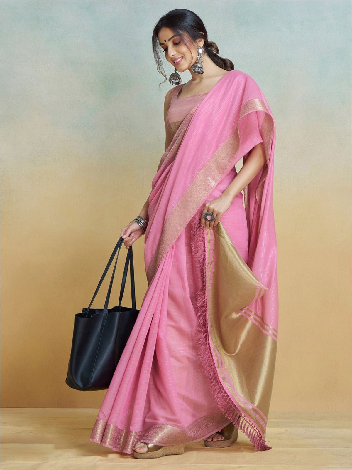 Light Pink Cotton Saree with Zari Border - Ressa