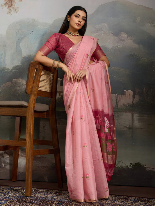 Light Pink Cotton Woven Printed Saree - Ressa