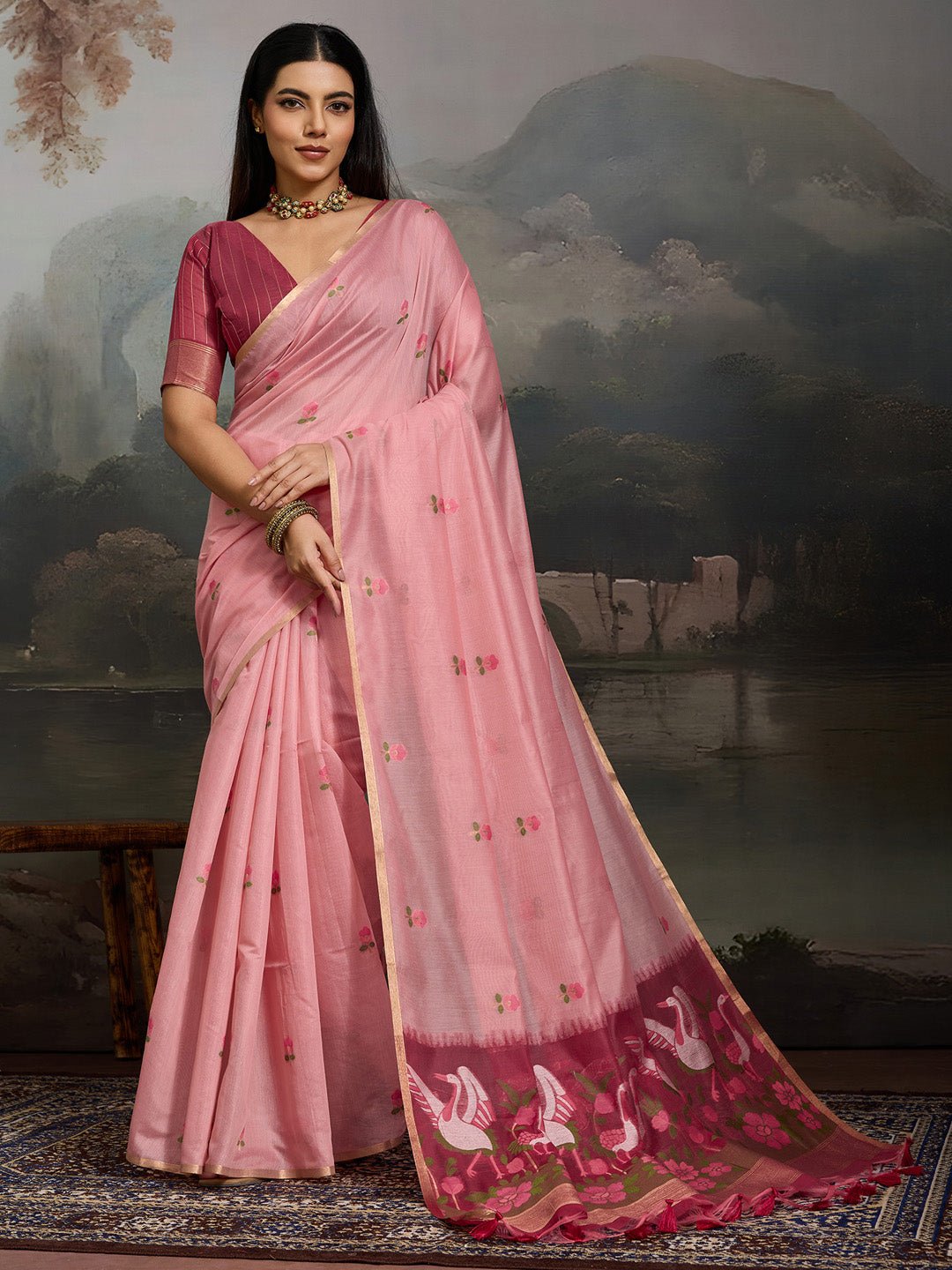 Light Pink Cotton Woven Printed Saree - Ressa