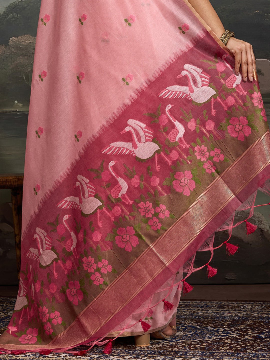 Light Pink Cotton Woven Printed Saree - Ressa