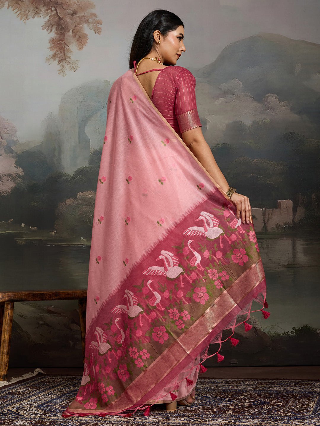 Light Pink Cotton Woven Printed Saree - Ressa