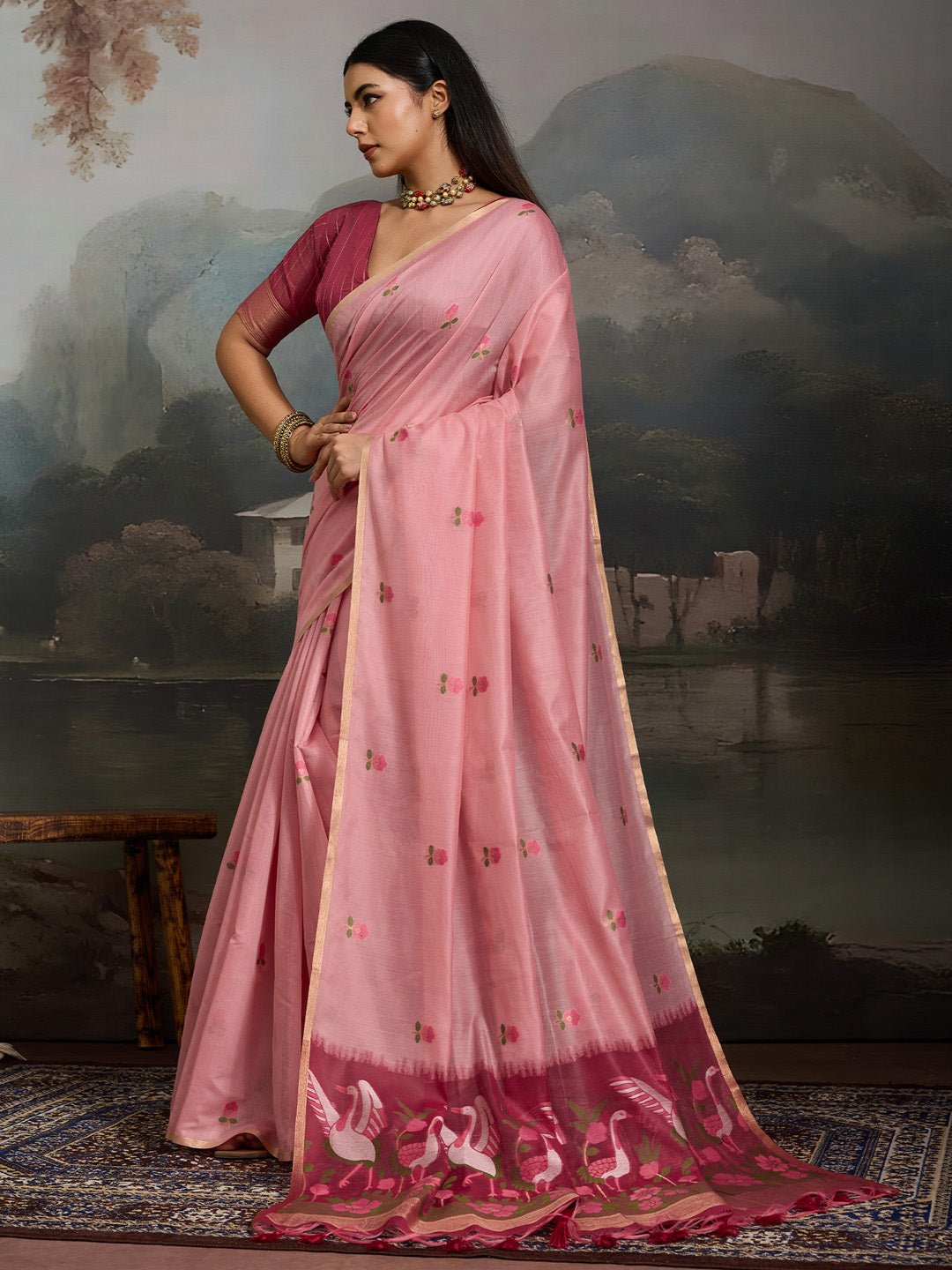 Light Pink Cotton Woven Printed Saree - Ressa