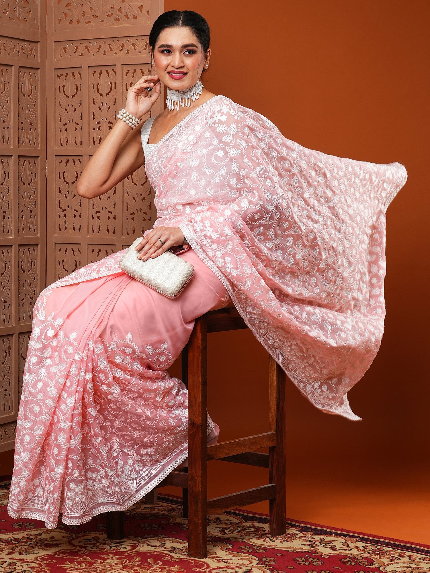 Light Pink Organza All-over White Floral Embroidery Scalloped Border Designer Blouse Saree - Ressa
