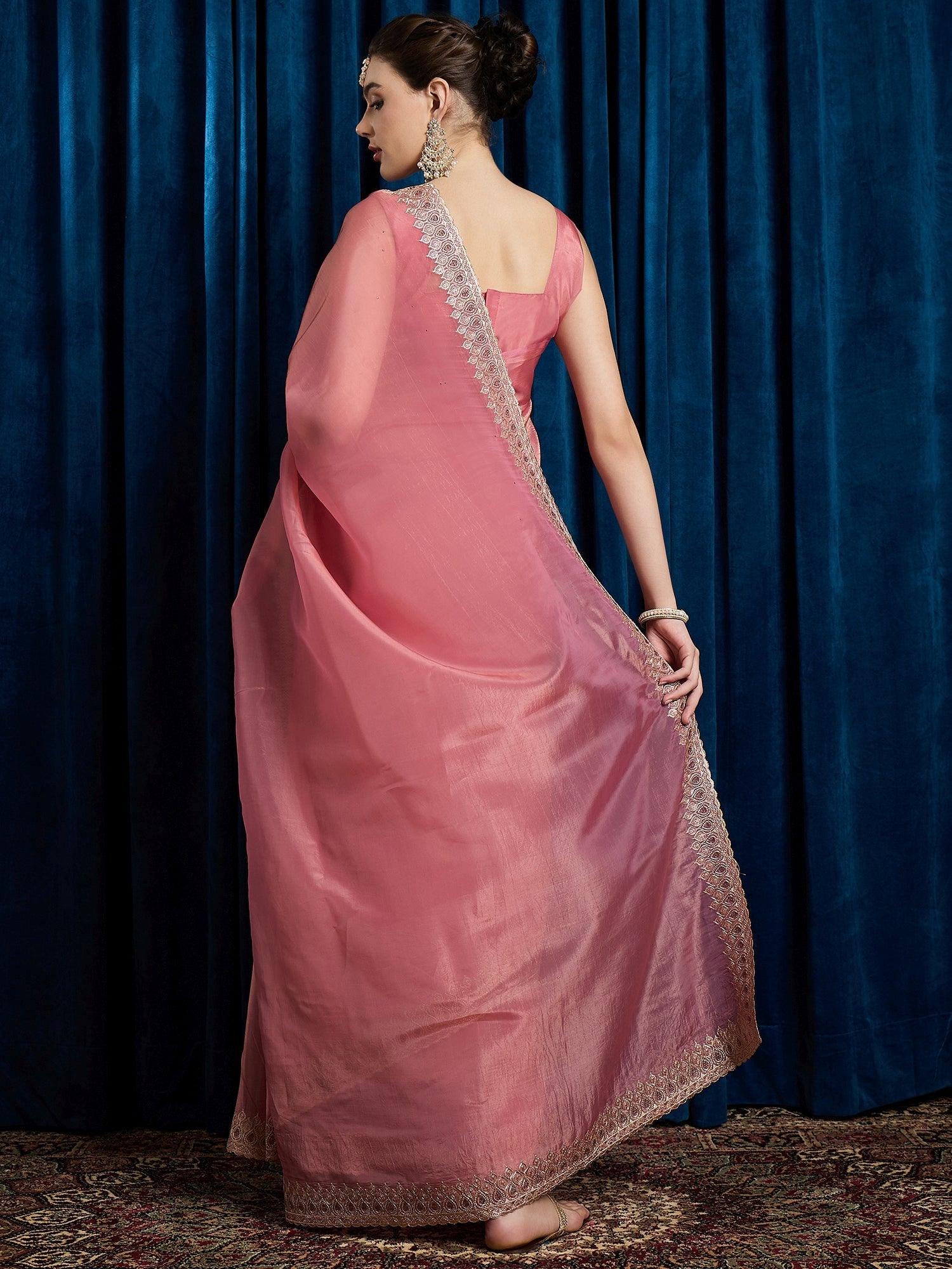 Light Pink Paper Silk Embroidered Border Saree - Ressa
