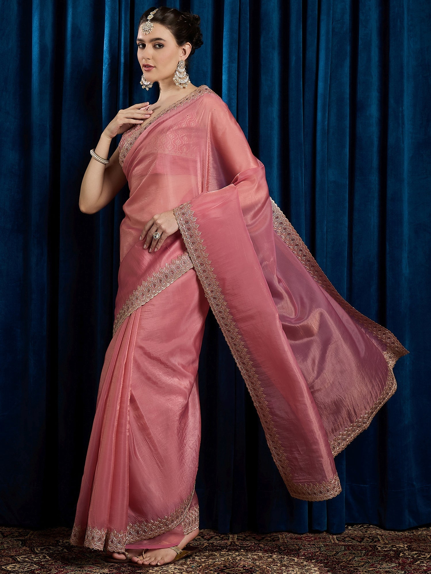 Light Pink Paper Silk Embroidered Border Saree - Ressa